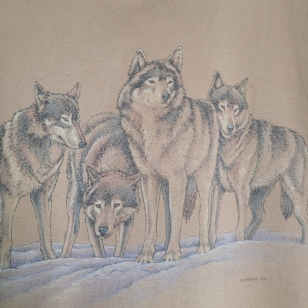 VTG 1990'S Wolf Wolves Print Single Stitch Tshirt Made USA Size XL Tan - Picture 2 of 13